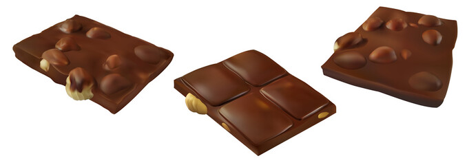 Chocolate bar piece with whole big hazelnuts. Realistic vector illustration. Candy set  isolated on white