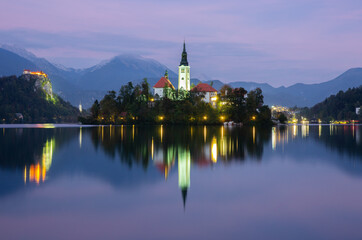 Fototapeta na wymiar Bled Lake, island with Pilgrimage Church, Slovenia.