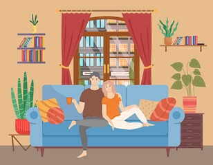 Couple sitting on sofa cuddling and and drinking tea. Man and woman together relaxing on comfortable couch in the evening. People in relationships spend time together at home. Characters sit with cup