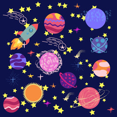Space cartoon icons set. Planets, rockets, ufo elements on cosmic background.