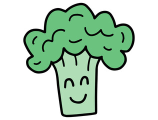 Cute Cartoon Broccoli. Hand drawn lines doodles characters. Concept of vegetables, proper nutrition, healthy eating and vegetarianism.