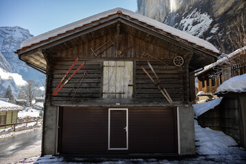 Lauterbrunnen village in the Interlaken Oberhasli district in the canton of Bern in Switzerland. Lauterbrunnen Valley in winter.