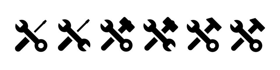 Set of repair and service icons, tool icons. Silhouettes wrench, screwdriver,sledgehammer and a hammer. Repair,construction. Tools vector isolated on a white background.