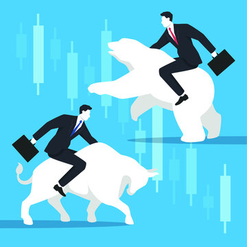 Businessmen ride on bull and bear in stock market trading concept. simple stock trading trendy flat style, business and investment, stock exchange.