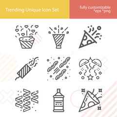 Simple set of confetti related lineal icons.