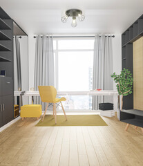 interior of a modern room with a yellow armchair and a view from the window. Large mirror on the wardrobe. 3d render.