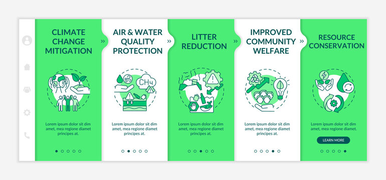 Biodegradable waste reduction benefits onboarding vector template. Air, water quality. Resources conservation. Responsive mobile website with icons. Webpage walkthrough step screens. RGB color concept