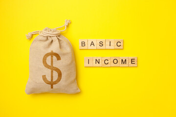 Basic income written on wood blocks with bag with money on yellow background. Back to basics...