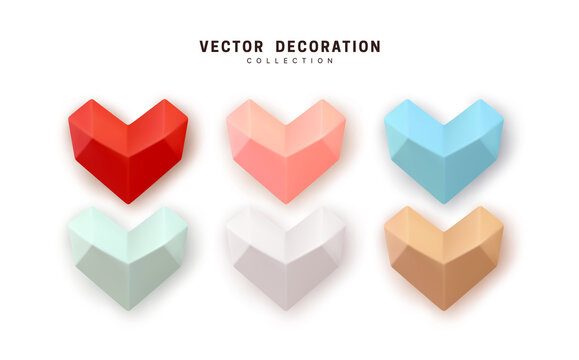 Set of hearts abstract polygonal. Collection Realistic Hearts Love symbol icon. Red and pink soft color, white and blue. Decorative 3d render object. Element for romantic design. Vector illustration