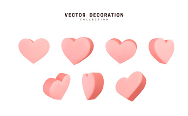 Set of hearts. Collection Realistic Hearts Love symbol icon. Pink soft color. Decorative 3d render object. Celebration decor. Element for romantic design. Vector illustration