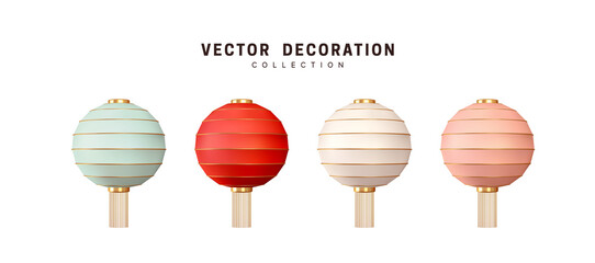 Set of Chinese lantern. Decorations for Chinese New Year. Celebrate Lantern Festival. Collection Realistic Decorative 3d render object. Element for design Traditional Asian decor. Vector illustration © lauritta