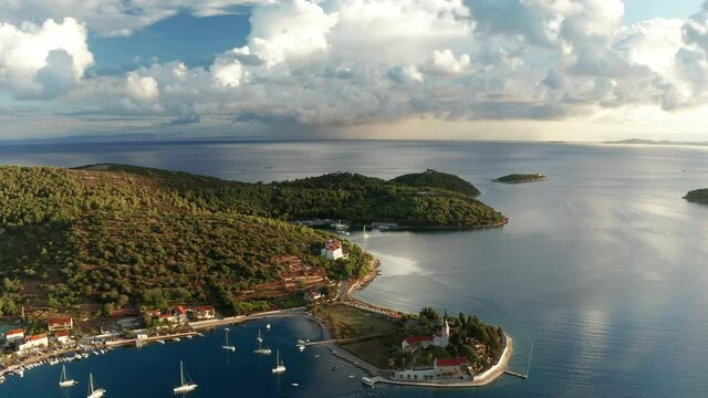 Aerial view of Vis town at sunset on Vis island, Croatia