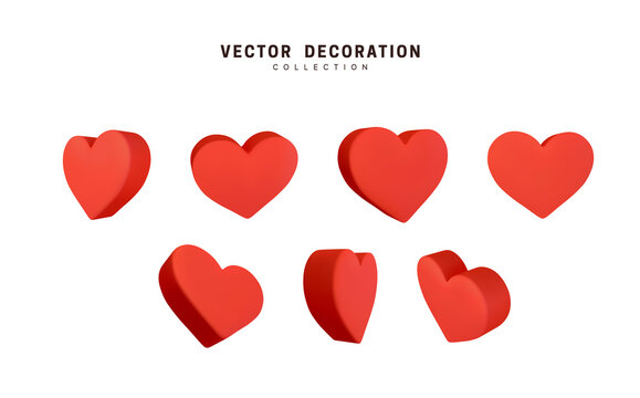Set of hearts. Collection Realistic Hearts Love symbol icon. Red soft color. Decorative 3d render object. Celebration decor. Element for romantic design. Vector illustration