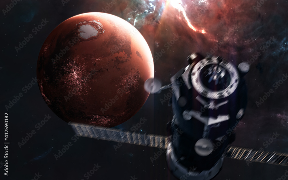 Wall mural mars. inhabited red planet of solar system. the space station is blurred in motion. 3d render. scien