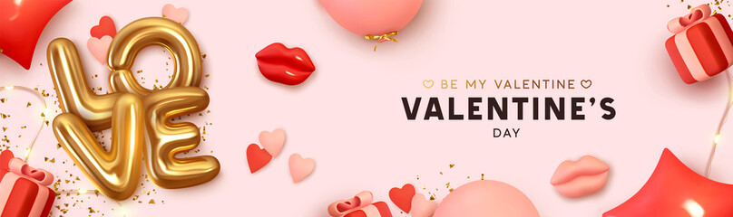 Happy Valentine's Day Romantic creative banner, horizontal header for website. Background Realistic 3d festive decorative objects, red lips, heart shaped balloons, love word text, vector gift box.