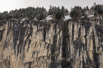 Lauterbrunnen village in the Interlaken Oberhasli district in the canton of Bern in Switzerland. Lauterbrunnen Valley in winter.