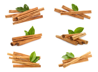 Set with aromatic cinnamon sticks on white background