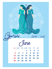 Horoscope vertical calendar for 2022, week starts on Sunday. A4 format. Zodiac signs: capricorn, aquarius, aries, pisces, virgo, libra, scorpio, sagittarius, taurus, gemini, leo.