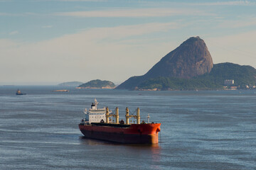 Tanker Ship in Guanabara Bay With Sugarloaf Mountain in the Horizon, in Rio de Janeiro, Brazil
