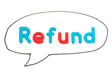 Fototapeta premium Alphabet letter with word refund in black line hand drawing as bubble speech on white board background