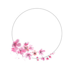 Chinese painting plum branch. Pink sakura flowers wreath.