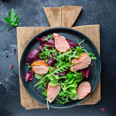 duck breast salad mix green lettuce leaves portion on the table healthy meal snack outdoor top view copy space for text food background rustic image 
