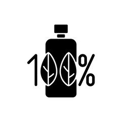 100 percent natural black glyph icon. Creation of cosmetics without harmful chemical additives. Ecology movement. Professional skincare. Silhouette symbol on white space. Vector isolated illustration