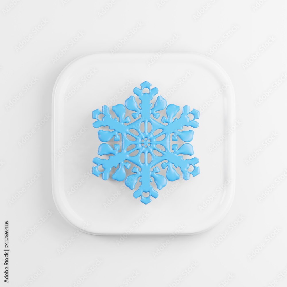 Poster blue snowflake icon. 3d rendering white square button key, interface ui ux element.