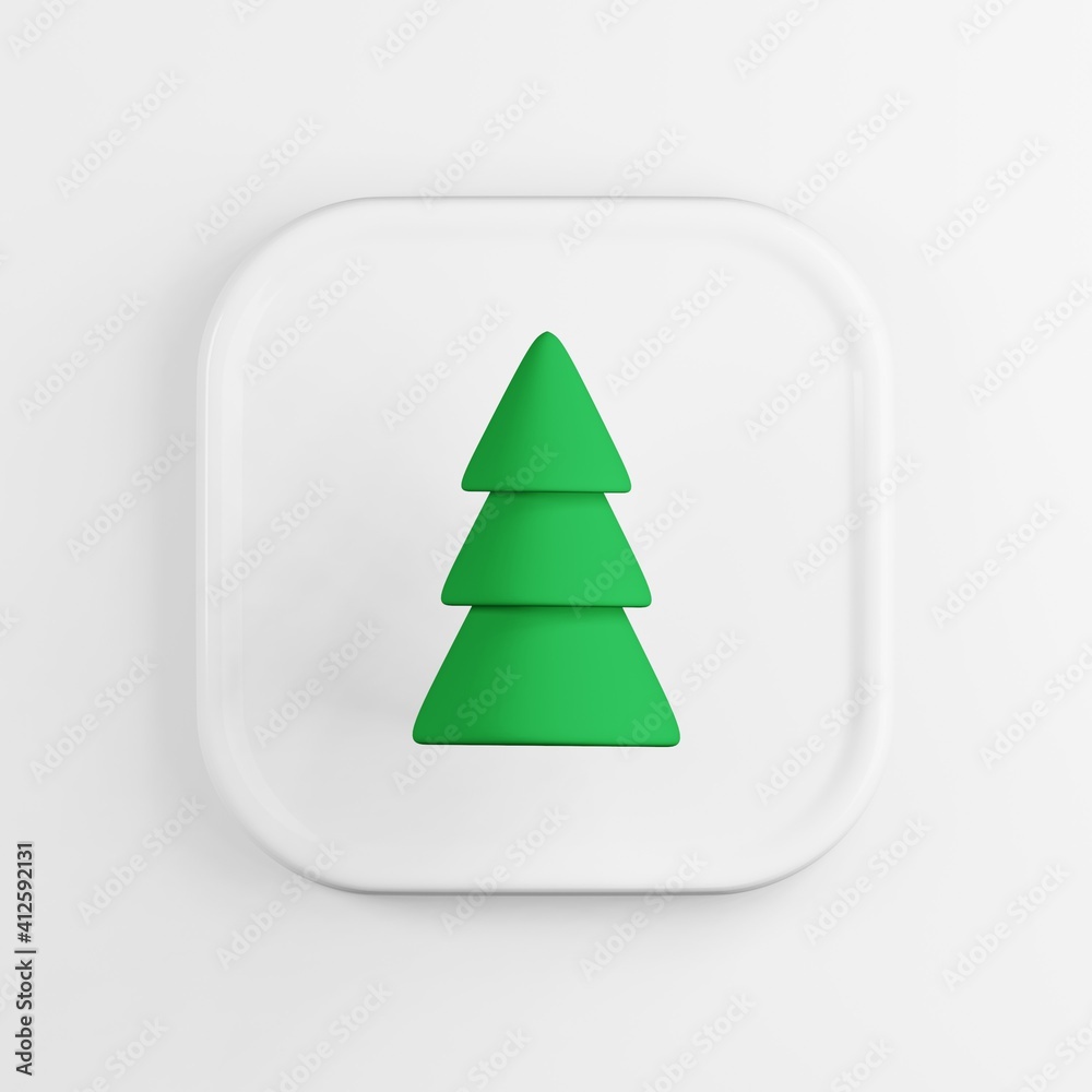 Poster green christmas tree icon. 3d rendering white square button key, interface ui ux element.
