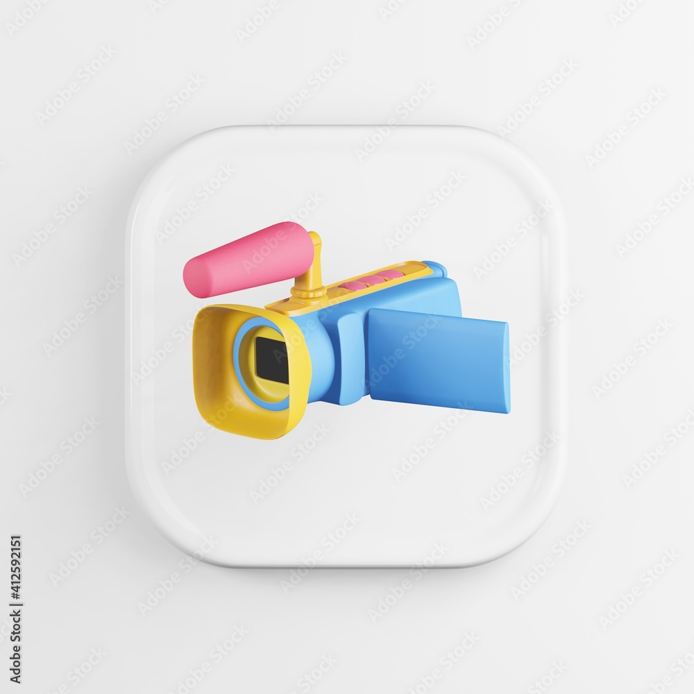Poster multicolored digital video camera icon. 3d rendering white square button key, interface ui ux elemen