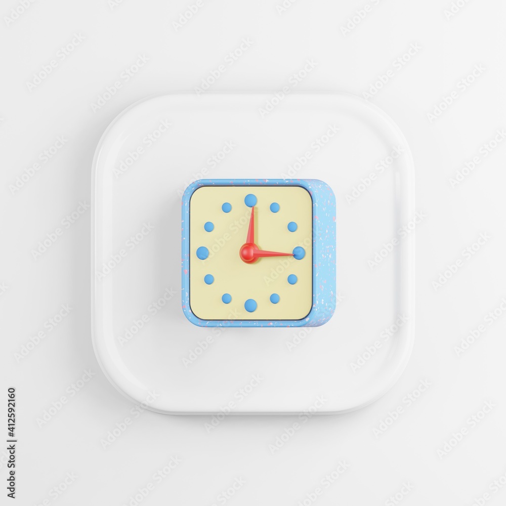 Poster blue clock icon. 3d rendering white square key button, interface ui ux element.