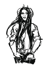 Demon men with a long hair and horns. Graphic ink illustration. Male character. 