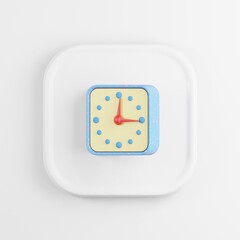 Blue clock icon. 3D rendering white square key button, interface ui ux element.