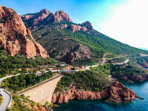 Aerial view by Drone in Saint-Rapha&euml;l near Agay on c like to be in USA. Roches Rouges by the mediterranean sea. Toursim in C&ocirc;te d'Azur, sud France. Blue water and rocks.