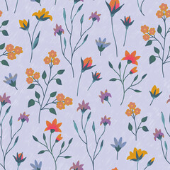 Seamless pattern with hand drawn flowers on a light blue background. Illustration for wallpapers, stationery or fabric.
