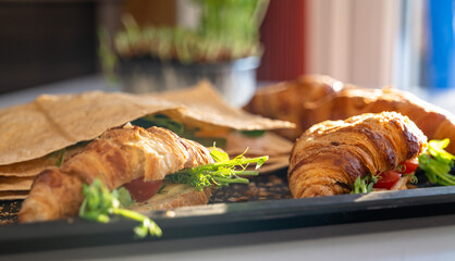 Croissant and pita with cheese, microgreen sprouts