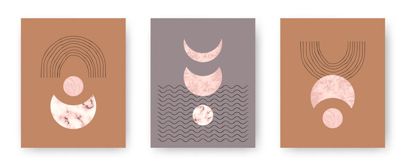 Vector set with trendy set of printable cards with boho mid century stone and marble textured shapes of moon, planets and lines. Abstract contemporary aesthetic backgrounds with geometric elements