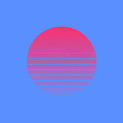 Vector illustration of retro sun in 80`s style. Retrowave, synthwave futuristic background with sunset. Trendy design for sci-fi, cyber abstract poster, print.