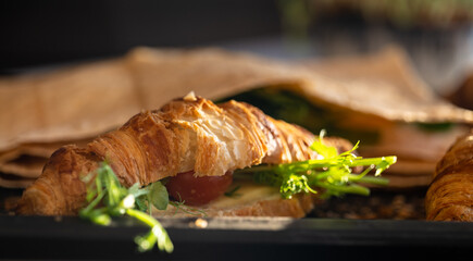 Croissant and pita with cheese, microgreen sprouts