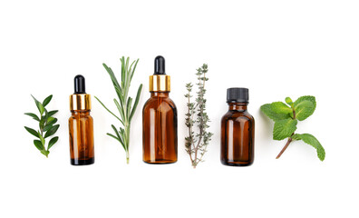 Dropper bottles with oil and herbs on white table flat lay view. Herbal cosmetics concept