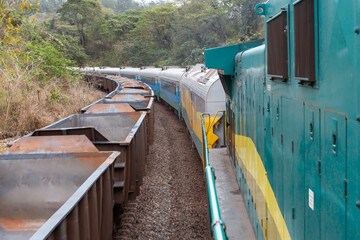 View of iron ore old train from Companhia Vale do Rio Doce running on railroad tracks seen from the...