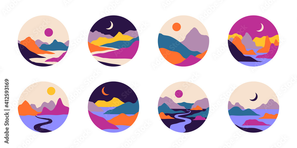 Sticker Vector abstract contemporary aesthetic set of round icons or stickers of landscapes with mountains, roads, sunrise, sunset. Boho wall print decor in flat style. Mid century modern minimalist art