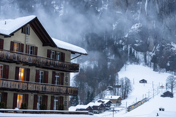 Lauterbrunnen village in the Interlaken Oberhasli district in the canton of Bern in Switzerland. Lauterbrunnen Valley in winter.