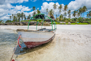 tipical boat in wood of Zanzibar in Ocean Pacific with low tide.  Africa - Tanzania - Zanzibar. Holidays in Africa. Life Free and see the world