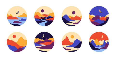 Vector abstract contemporary aesthetic set of round icons or stickers of landscapes with mountains, roads, sunrise, sunset. Boho wall print decor in flat style. Mid century modern minimalist art
