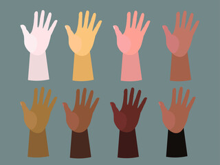 Set of hands in different colors. United community 