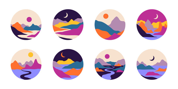 Vector abstract contemporary aesthetic set of round icons or stickers of landscapes with mountains, roads, sunrise, sunset. Boho wall print decor in flat style. Mid century modern minimalist art