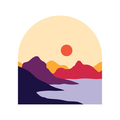 Vector abstract contemporary aesthetic background landscape with mountains, sunset, sunrise. Boho wall textured print decor in flat style. Mid century modern minimalist art and design
