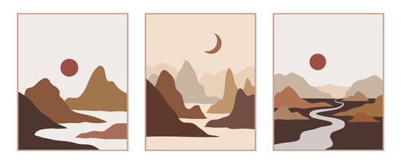 Vector abstract contemporary aesthetic set of backgrounds landscapes with mountains, roads, sunrise, sunset. Boho wall print decor in flat style. Mid century modern minimalist art and design