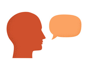 Vector illustration of human head silhouette talking through speech bubble. Concept of communication, dialogue, chat, conversation, meeting, arguing, listening. Isolated on white background